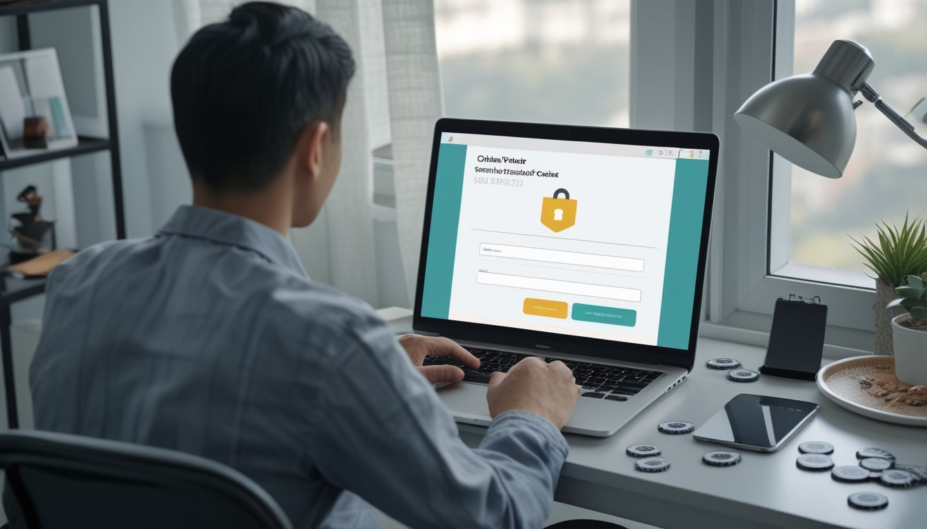 Seorang pemula menggunakan laptop untuk proses pendaftaran akun poker online di ruang kerja rumah.