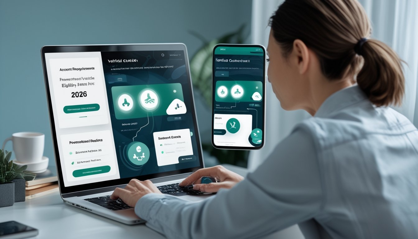 Seseorang menggunakan laptop dan ponsel untuk memeriksa akun serta manfaat cashback dan referral.