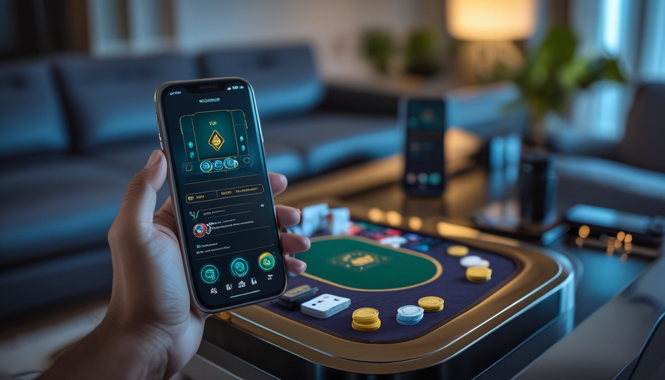 Seseorang memainkan poker digital pada ponsel di ruang modern.