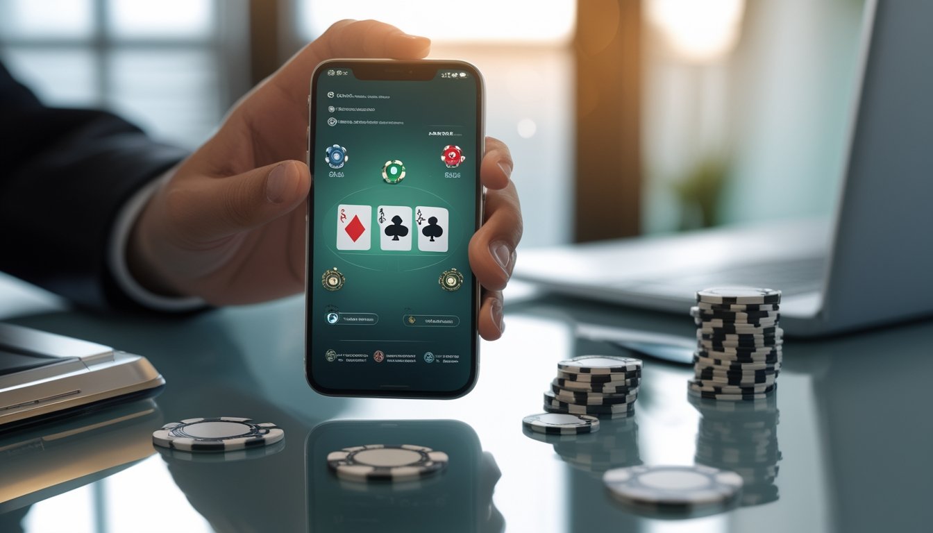 Seseorang memainkan poker melalui ponsel dengan kartu dan chip poker di atas meja.