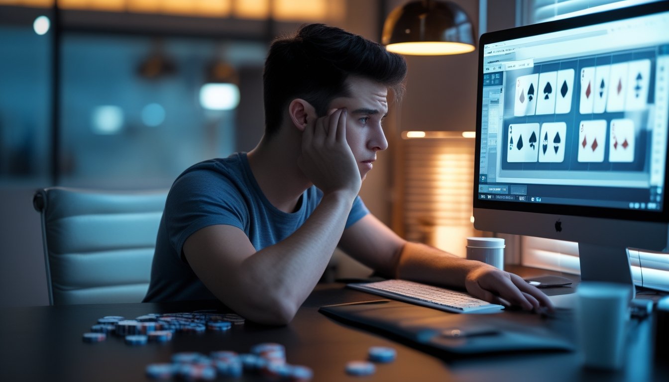 Seorang pemain poker pemula tampak tegang di depan laptop dengan kartu dan keping poker yang berantakan.