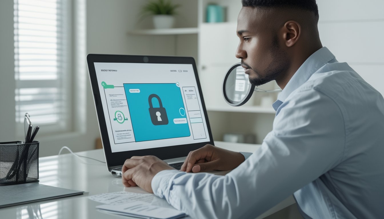 Seseorang memeriksa keamanan dan legalitas platform poker online menggunakan laptop, kaca pembesar, simbol perisai, dan daftar periksa.