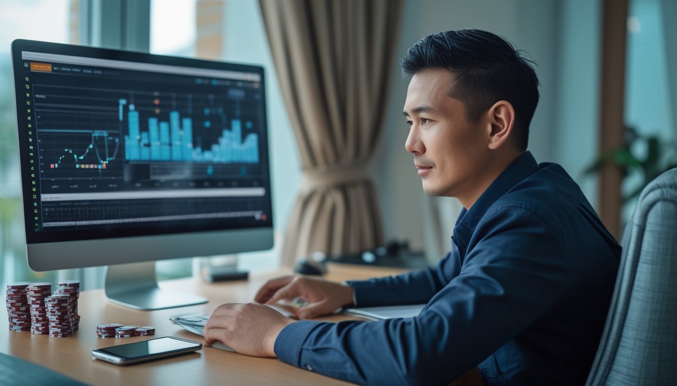 Seorang pria meninjau permainan kartu dan grafik keuangan di meja kerja dengan suasana fokus dan teratur.