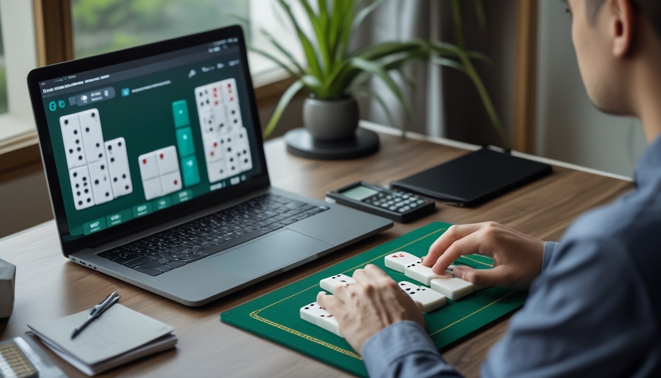 Seseorang menghitung dan menyusun kartu domino di meja dengan laptop dan kalkulator.