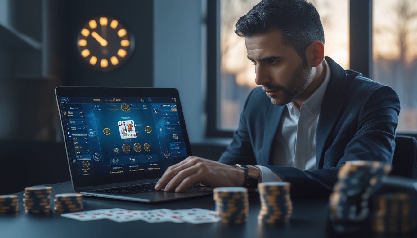 Seorang pemain mempelajari permainan kartu digital di laptop dengan kartu dan keping permainan di meja.