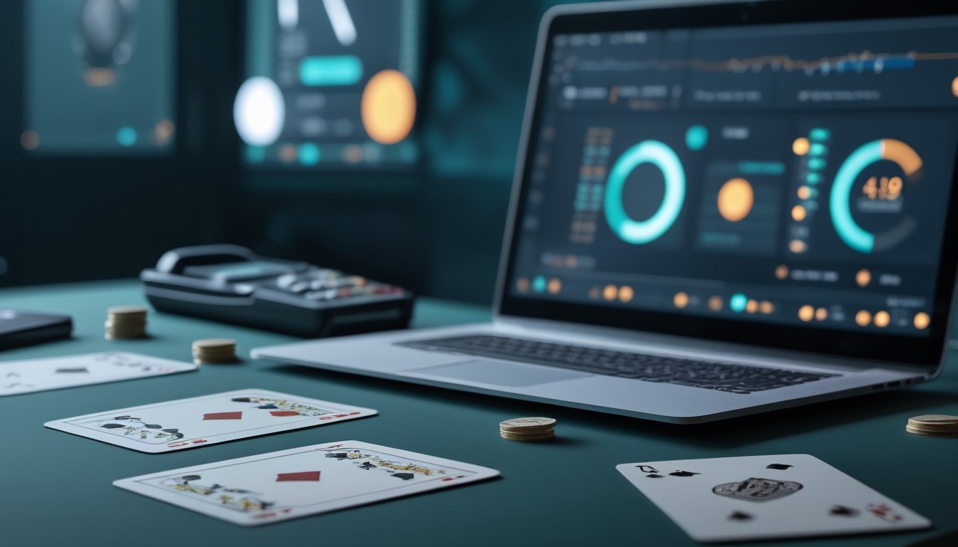 Kartu permainan tersusun di meja bersama laptop yang menampilkan grafik analisis peluang.
