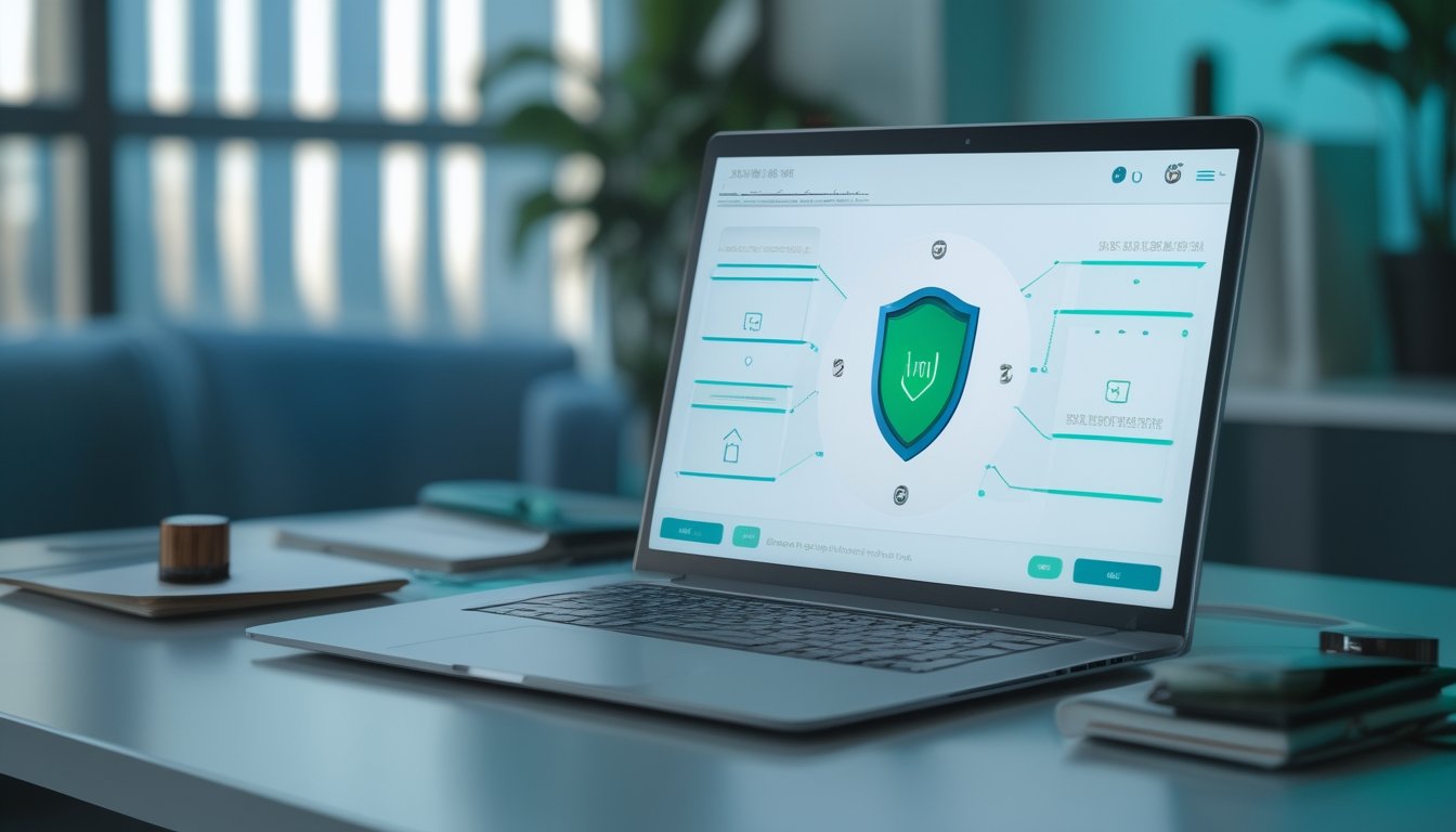 Laptop menampilkan antarmuka permainan kartu digital dengan simbol keamanan dan sistem yang adil di ruang kerja modern.