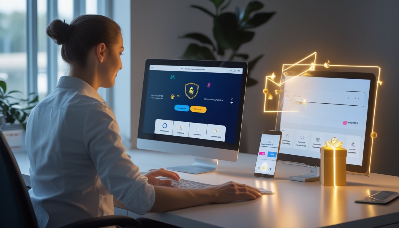 Seseorang menggunakan laptop dan ponsel dengan simbol pendaftaran akun, keamanan, dan hadiah di meja kerja modern.