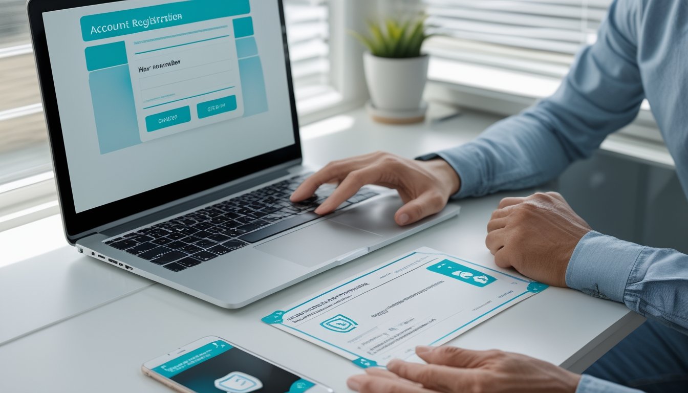 Seseorang menyiapkan akun online di laptop sambil memverifikasi identitas menggunakan ponsel dan kartu identitas.