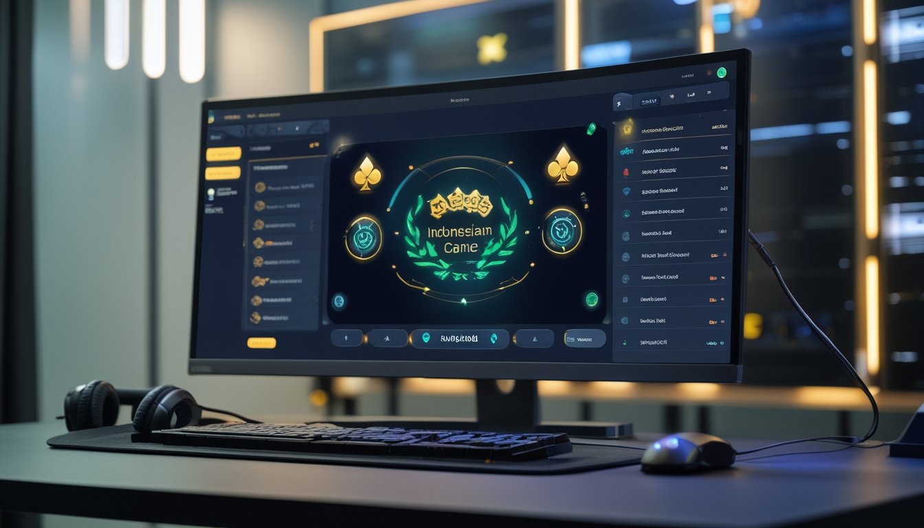 Meja gaming modern dengan monitor yang menampilkan antarmuka abstrak permainan kartu dan rak server bercahaya di latar belakang.