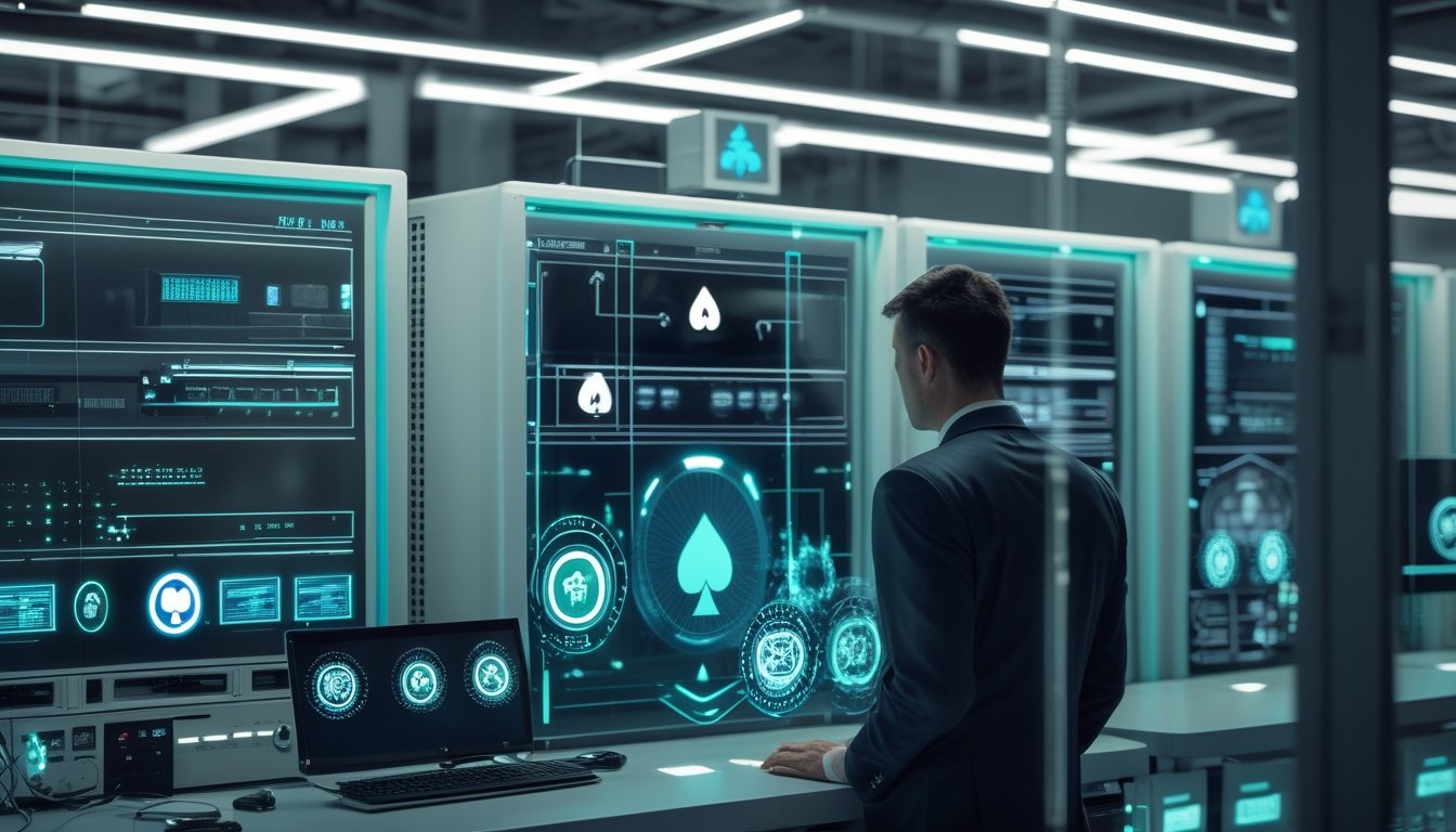 Pusat operasi teknologi dengan rak server modern dan seorang profesional memantau keamanan sistem permainan kartu daring.