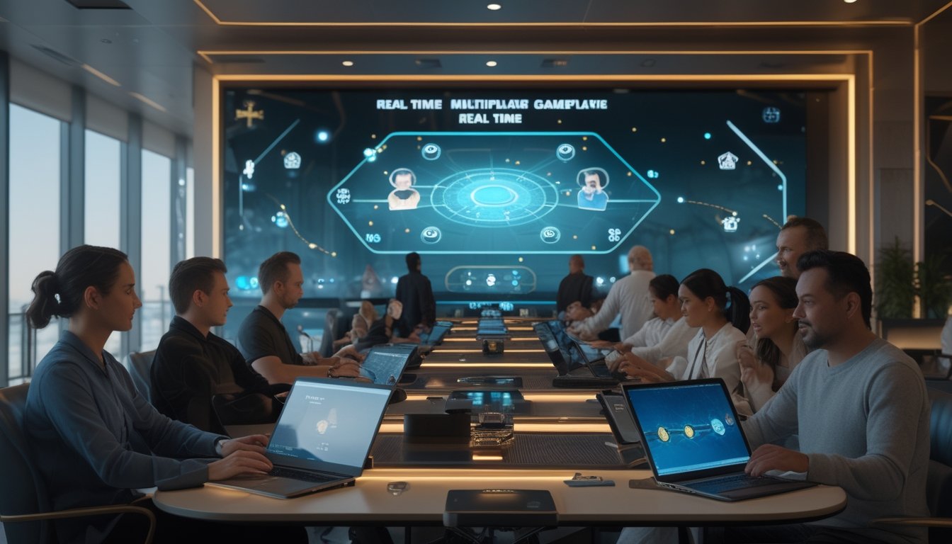 Sekelompok orang dewasa bermain gim kartu multipemain secara real-time menggunakan perangkat digital di ruang permainan modern.