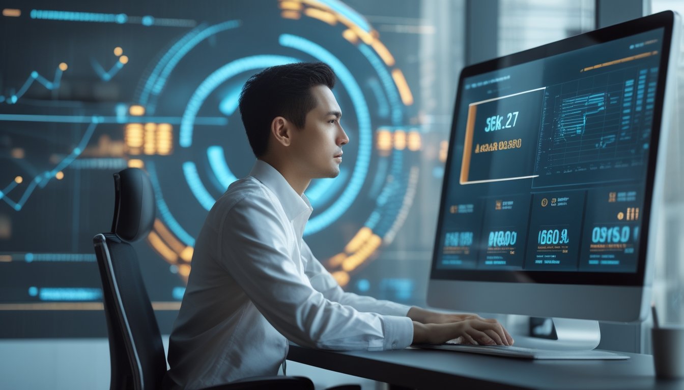 Seorang analis mempelajari visualisasi angka tiga dimensi dan grafik data di meja kerja modern.