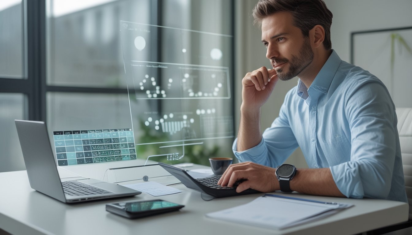 Seorang analis meninjau pola angka dan grafik risiko di meja kerja modern.