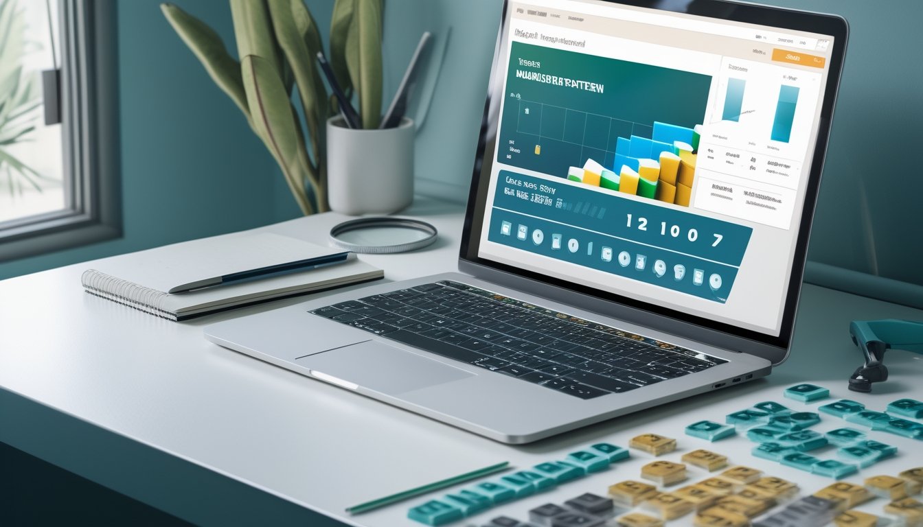 Laptop menampilkan grafik data abstrak dengan kubus angka, kalkulator, dan buku catatan di meja kerja.