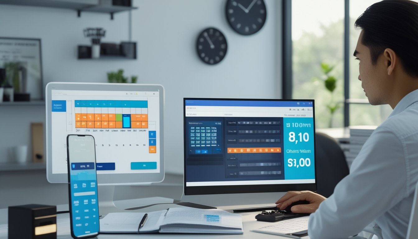 Seorang profesional memeriksa kalender digital dan data waktu di ruang kerja modern.