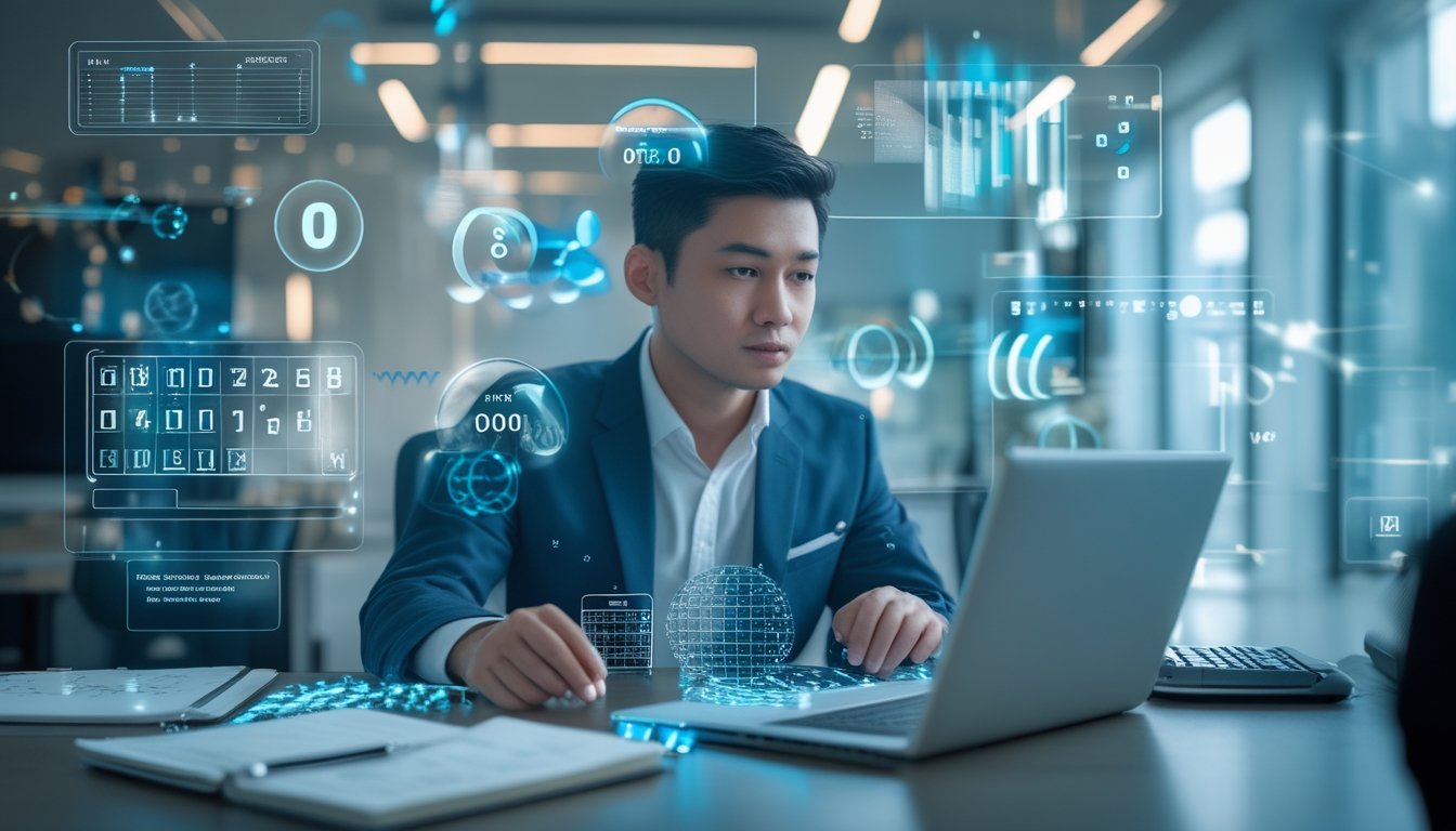 Seorang analis mempelajari visualisasi data abstrak berbentuk tiga dimensi di kantor modern.