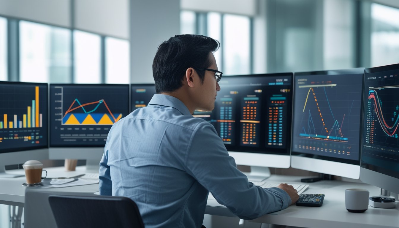 Seorang analis mempelajari grafik probabilitas angka tiga digit di depan beberapa monitor.
