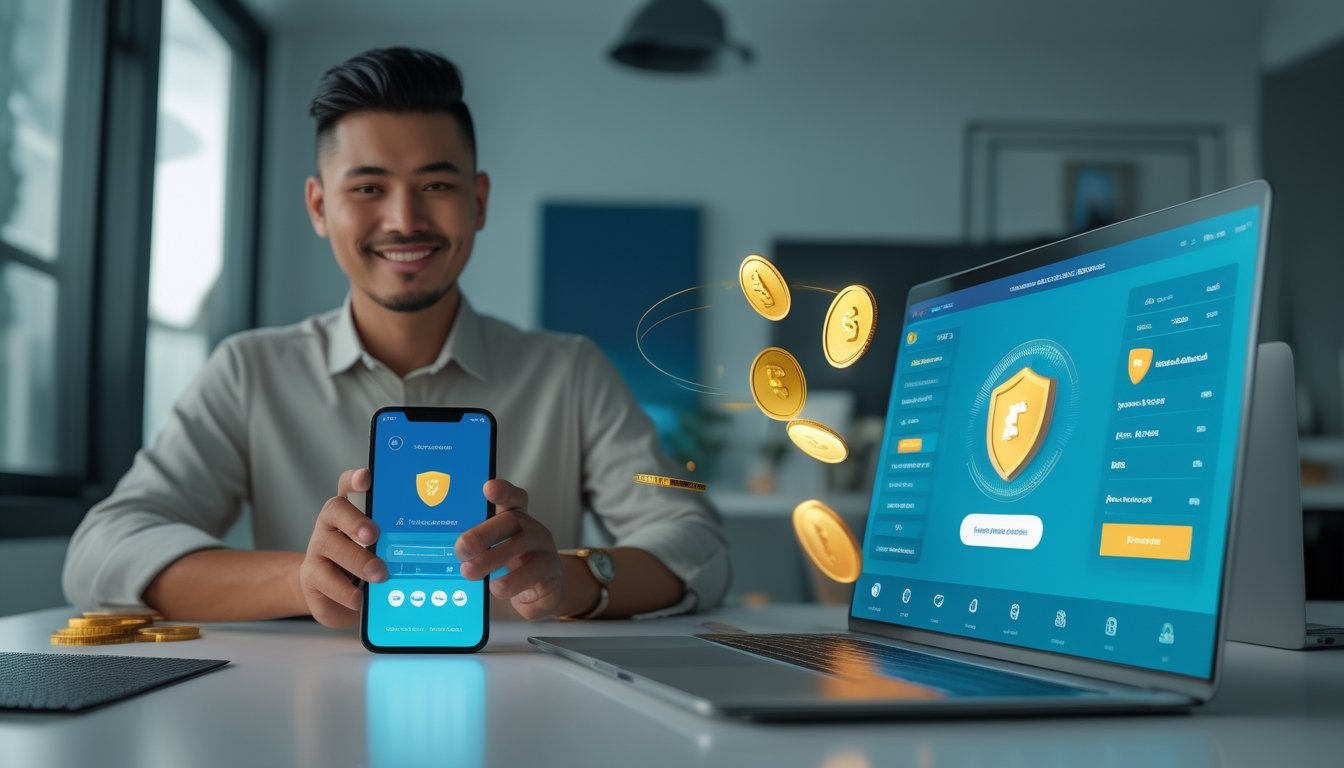 Orang dewasa menggunakan ponsel dan laptop untuk melakukan pembayaran digital dengan tampilan abstrak.