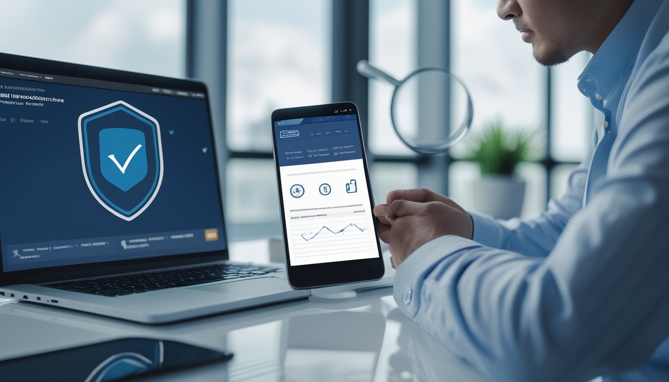 Seorang profesional memeriksa keamanan dan kredibilitas platform digital melalui laptop dan ponsel di meja kerja.