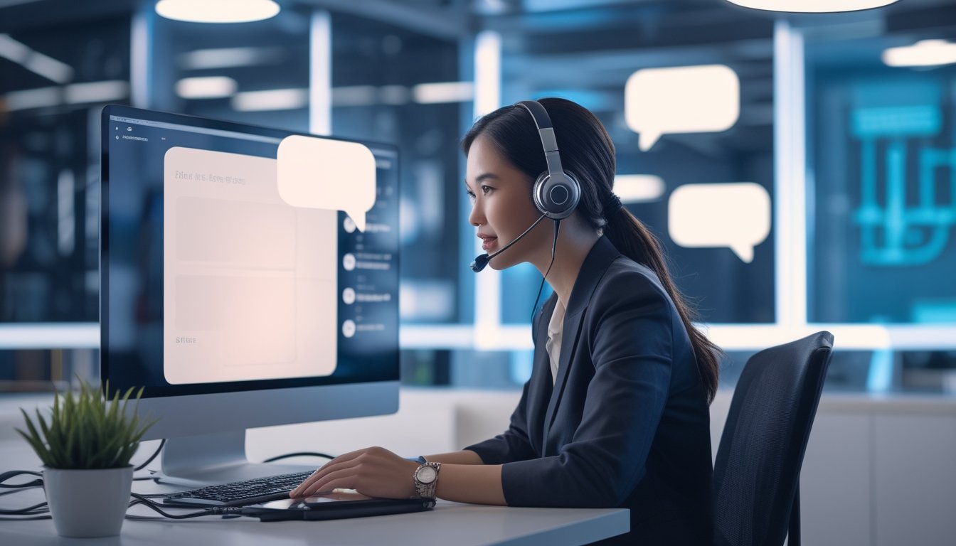 Petugas layanan pelanggan memakai headset sedang merespons percakapan melalui komputer di kantor modern.