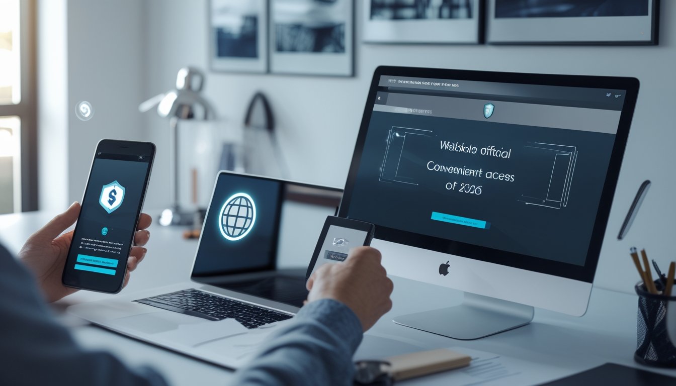 Pengguna mengakses situs resmi melalui laptop dan ponsel di ruang kerja modern.