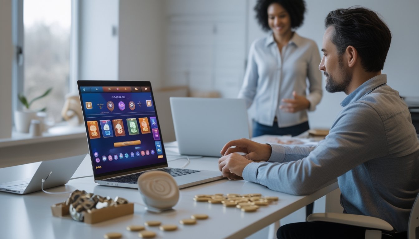 Orang dewasa memilih berbagai opsi permainan digital melalui laptop dan ponsel di ruang kerja modern.