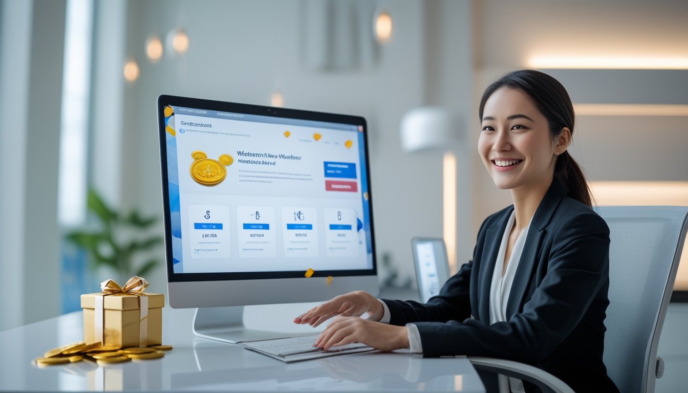 Seorang profesional tersenyum melihat perangkat digital dengan hadiah dan koin di atas meja kerja.