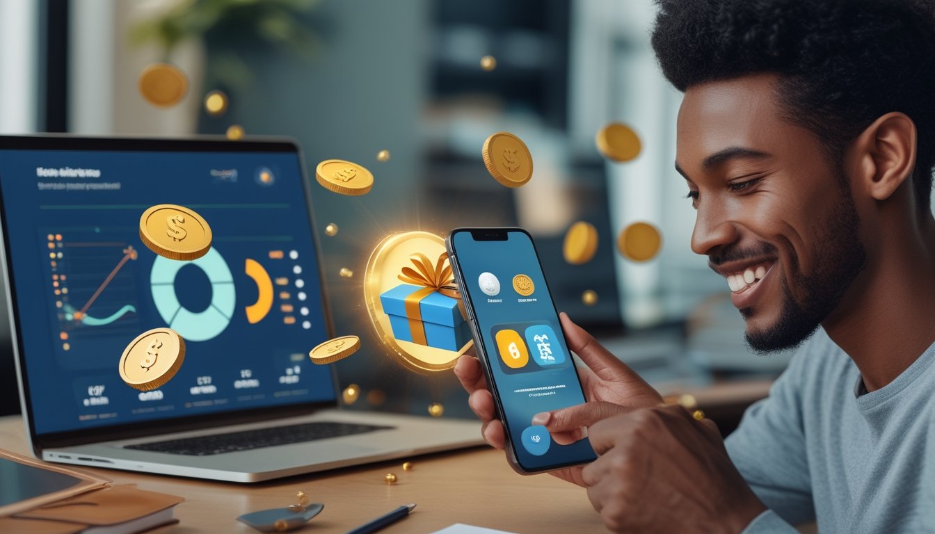 Orang dewasa tersenyum melihat ponsel dengan ilustrasi hadiah, koin emas, dan tampilan digital abstrak.