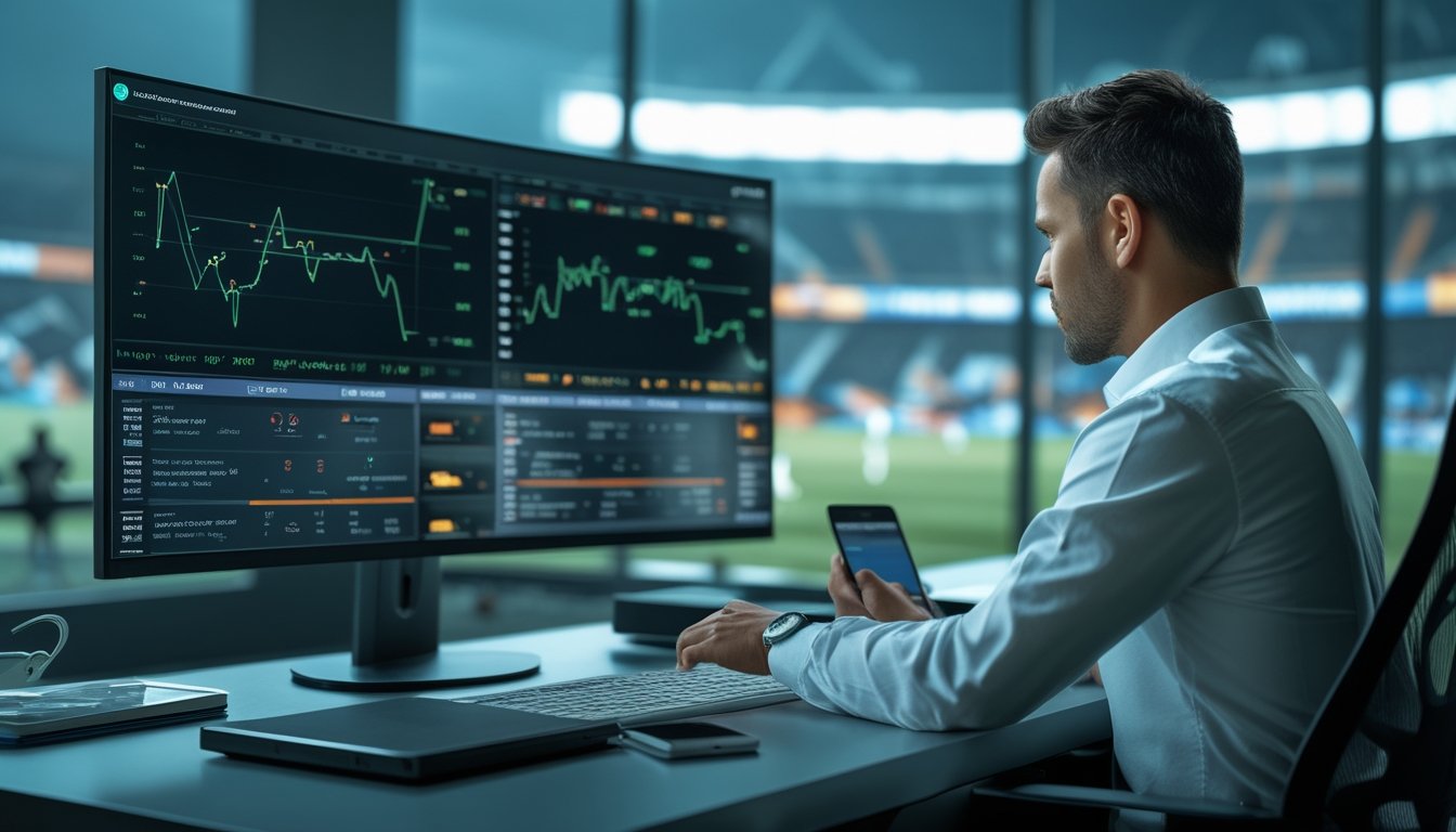 Seorang analis olahraga mempelajari statistik pertandingan sepak bola di ruang kerja modern.