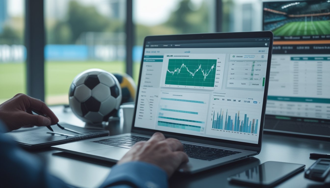 Analis meninjau data pertandingan sepak bola di meja kerja dengan laptop, catatan, dan bola sepak.