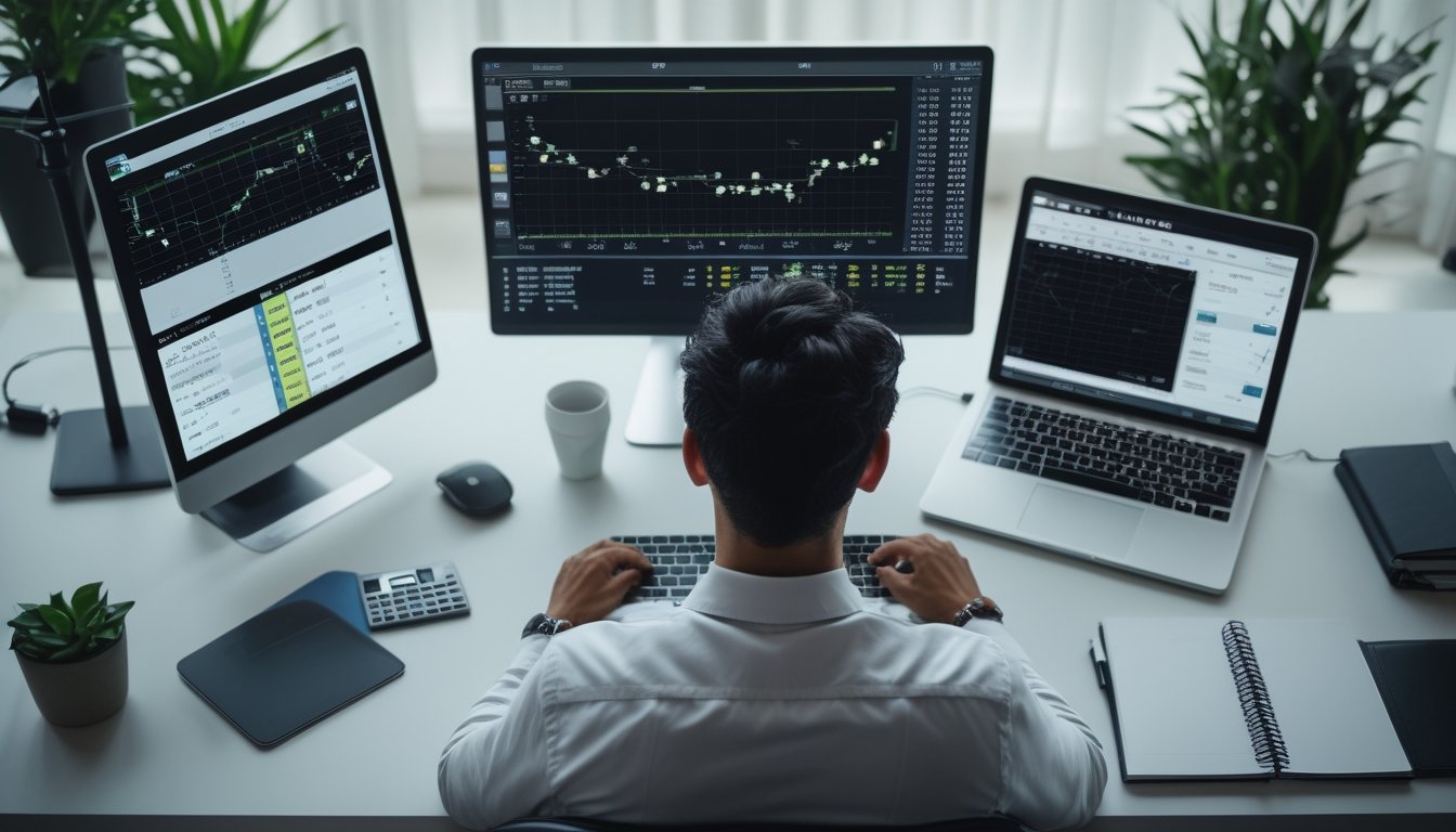 Analis sepak bola mempelajari grafik statistik pertandingan di meja kerja dengan laptop dan beberapa monitor.