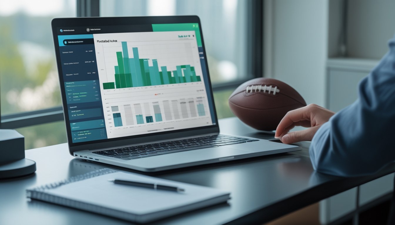 Meja kerja modern dengan laptop berisi grafik analisis pertandingan sepak bola, bola, buku catatan kosong, kalkulator, dan pena.