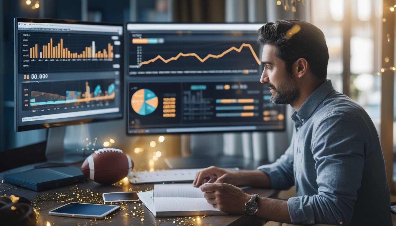 Seorang analis mempelajari data pertandingan sepak bola di ruang kerja modern dengan laptop dan monitor.
