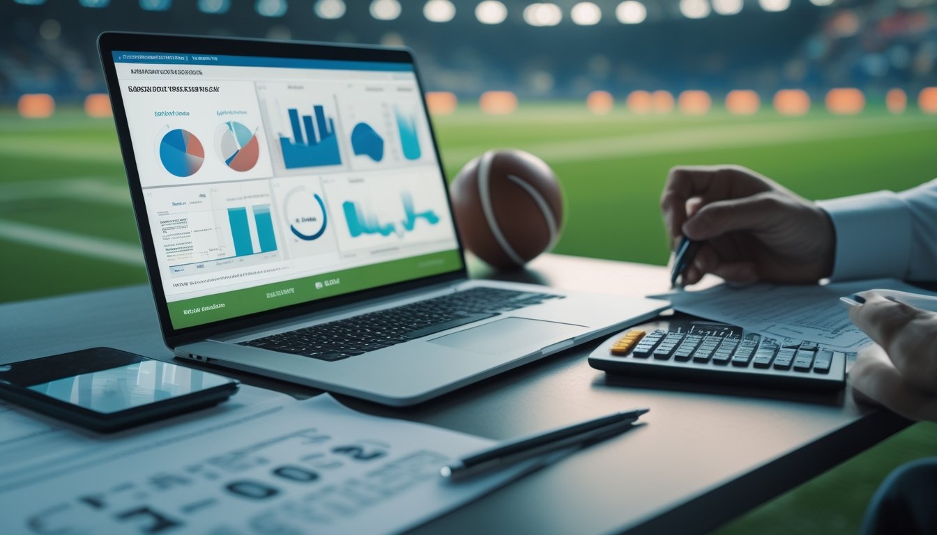 Meja kerja analis dengan laptop berisi grafik pertandingan sepak bola abstrak, bola, kalkulator, dan latar stadion yang buram.