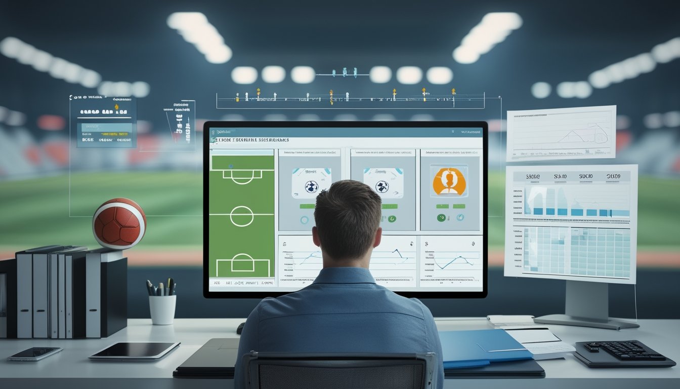 Analis sepak bola membandingkan data pertandingan di meja kerja dengan latar stadion.