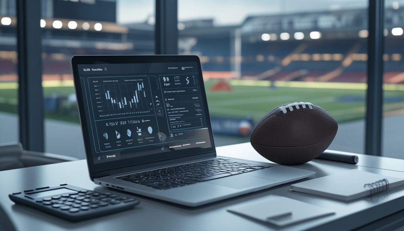 Seorang analis mempelajari grafik pertandingan sepak bola abstrak di laptop di meja kerja modern.
