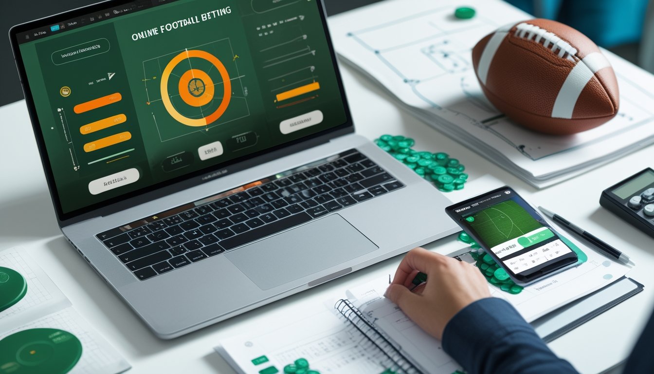 Meja kerja dengan laptop berisi grafik analisis sepak bola, kalkulator, ponsel, diagram lapangan, dan bola sepak.
