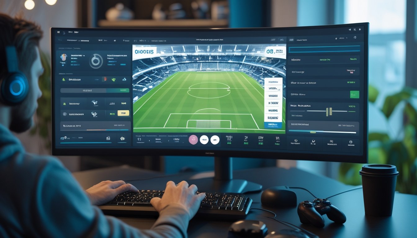 Seseorang menggunakan komputer untuk menyaksikan pertandingan sepak bola virtual dalam suasana ruang permainan modern.