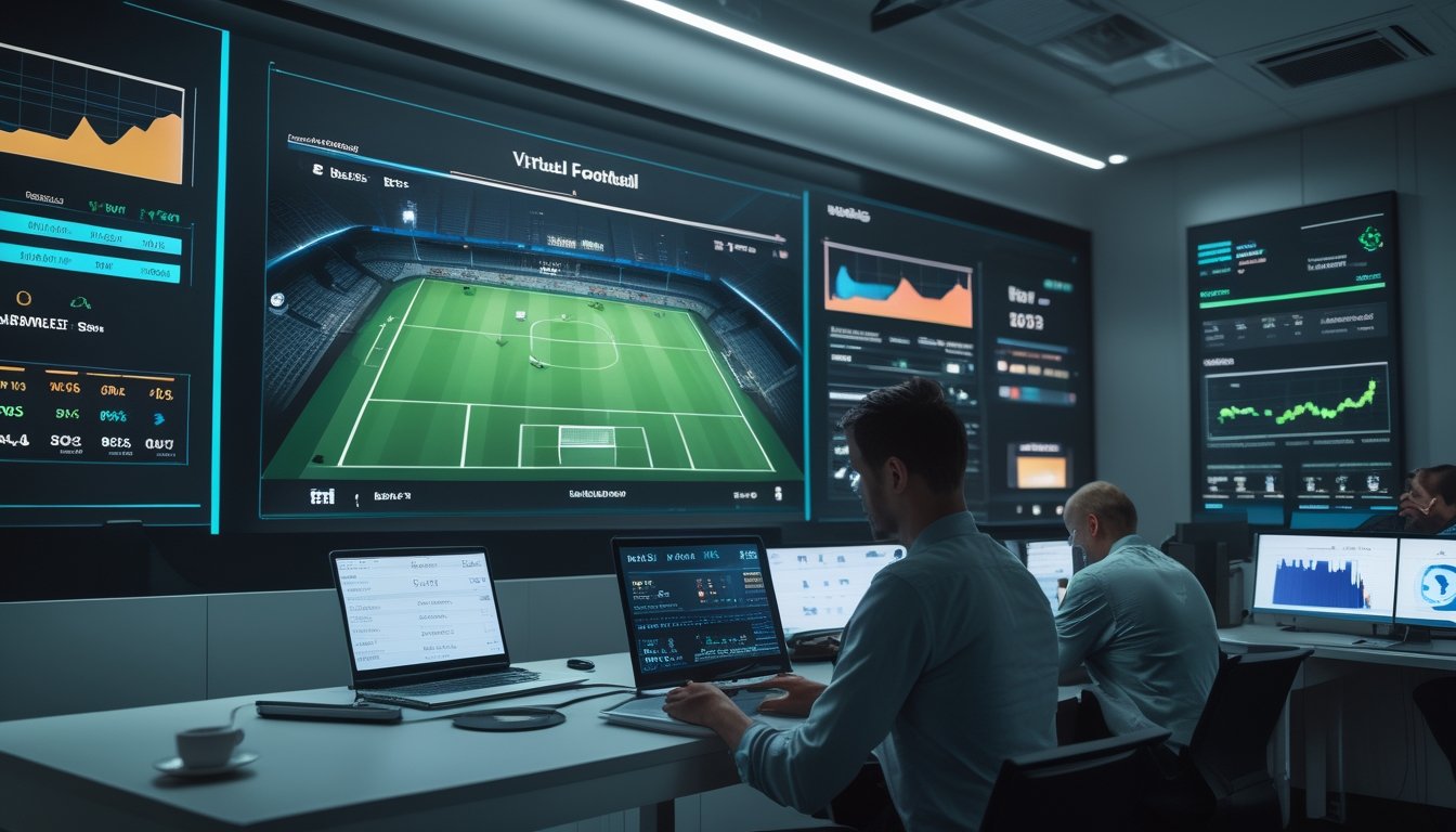 Analis dan penggemar e-soccer mempelajari data pertandingan virtual pada layar digital di ruang kerja modern.