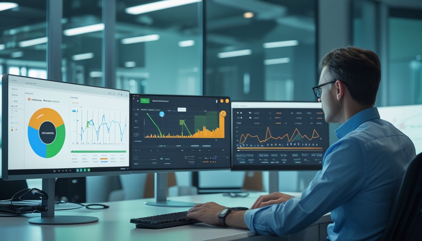 Seseorang menganalisis grafik statistik olahraga waktu nyata pada beberapa monitor di kantor modern.
