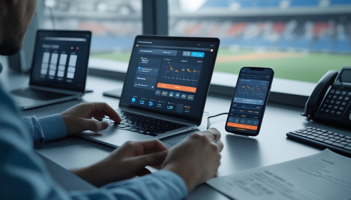 Seseorang membandingkan perangkat taruhan olahraga digital dengan perlengkapan taruhan konvensional di meja kerja.