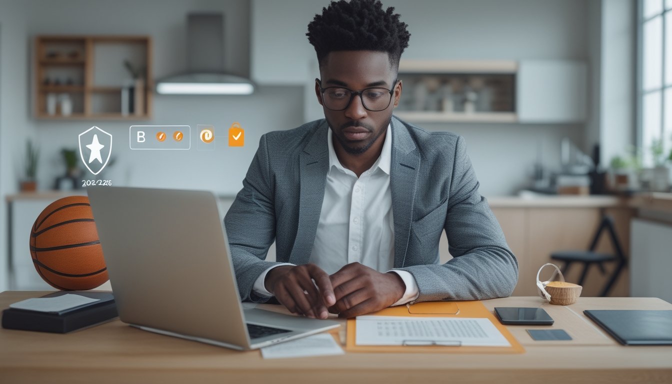 Orang dewasa memeriksa informasi keamanan platform taruhan basket di meja kerja dengan laptop, bola basket, dan simbol perisai.