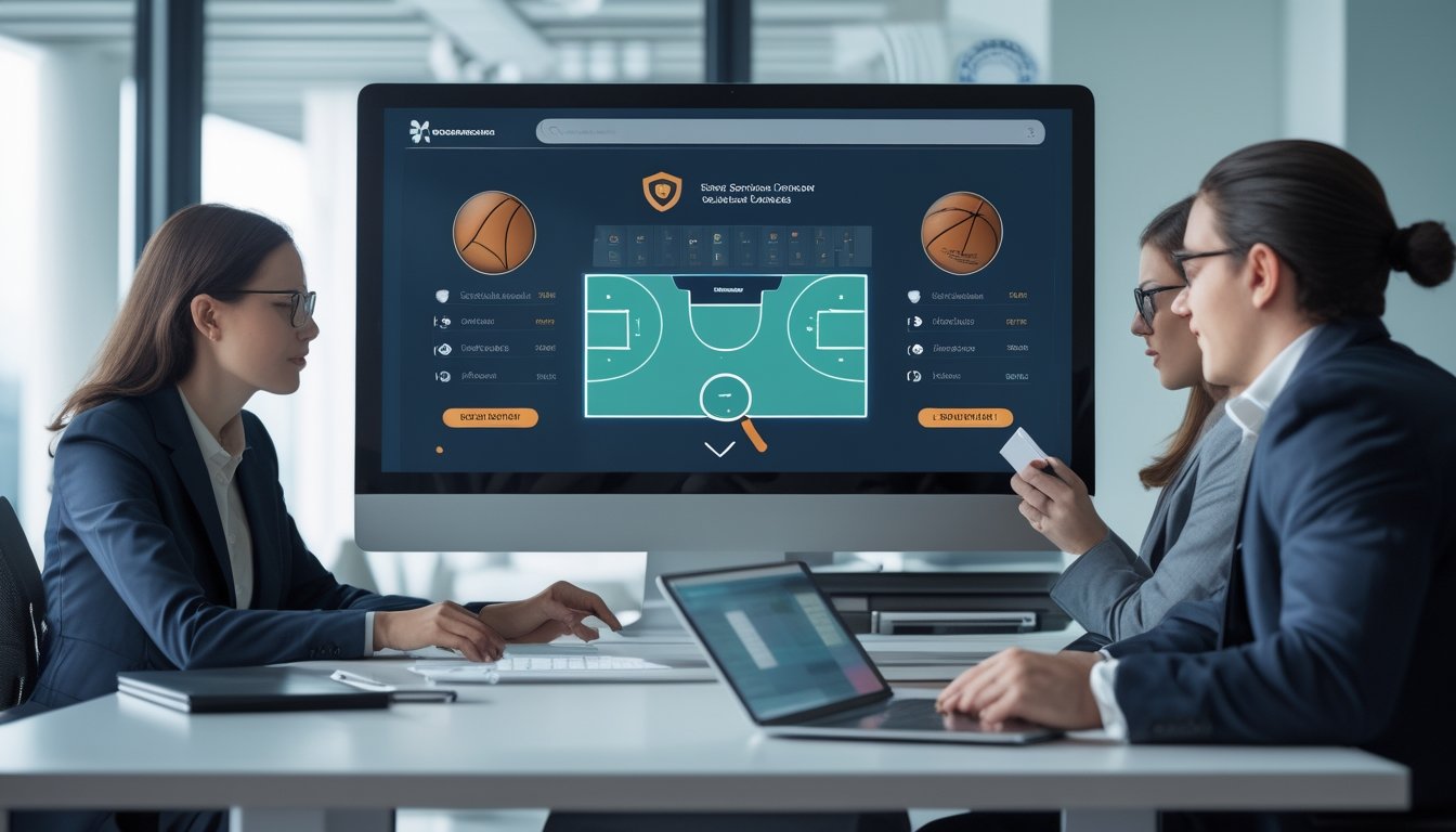 Tim kepatuhan meninjau platform taruhan basket digital yang aman di kantor modern.