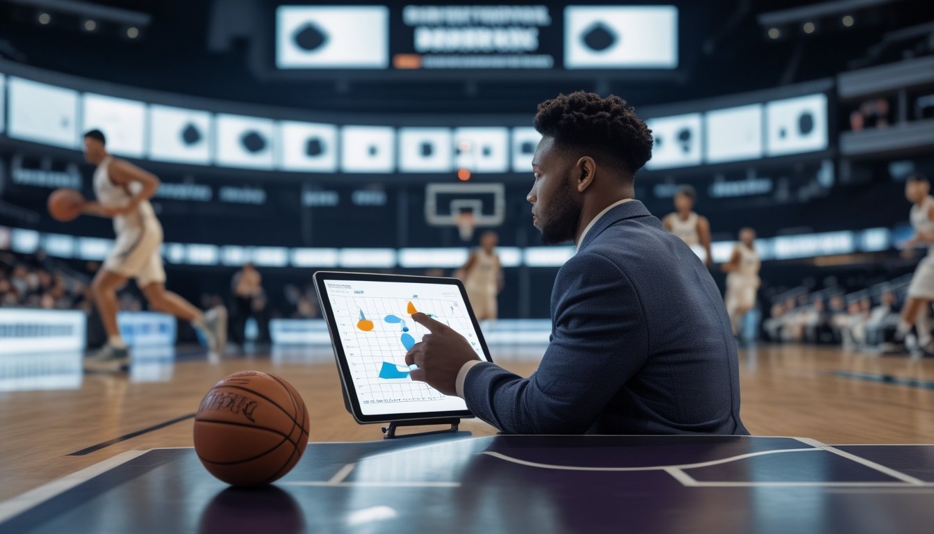 Seorang analis mempelajari strategi pertandingan bola basket menggunakan tablet di tepi lapangan.