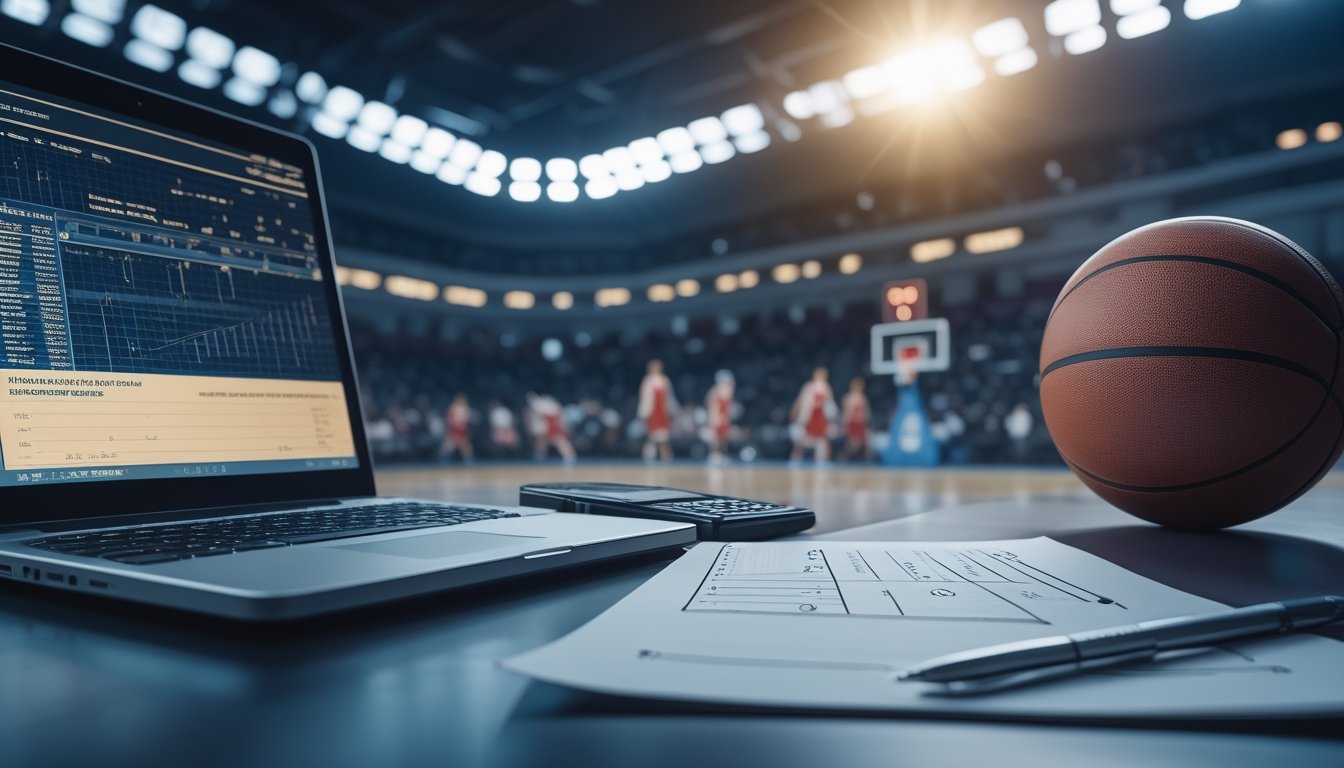 Analis duduk di dekat lapangan basket dengan laptop, bola, kalkulator, dan catatan statistik saat pertandingan berlangsung.