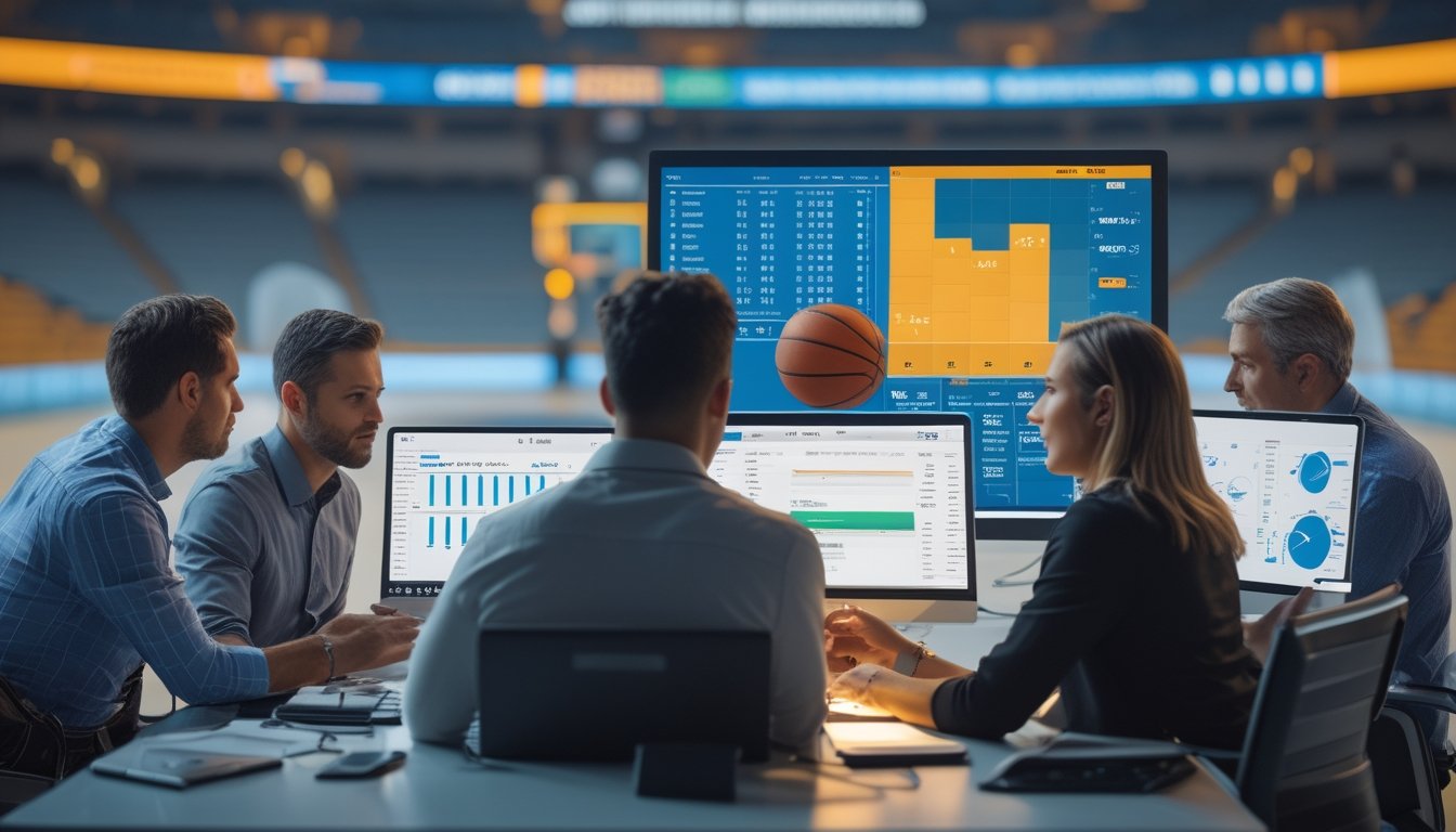 Analis olahraga menganalisis statistik pertandingan basket di laptop bersama bola basket di meja.