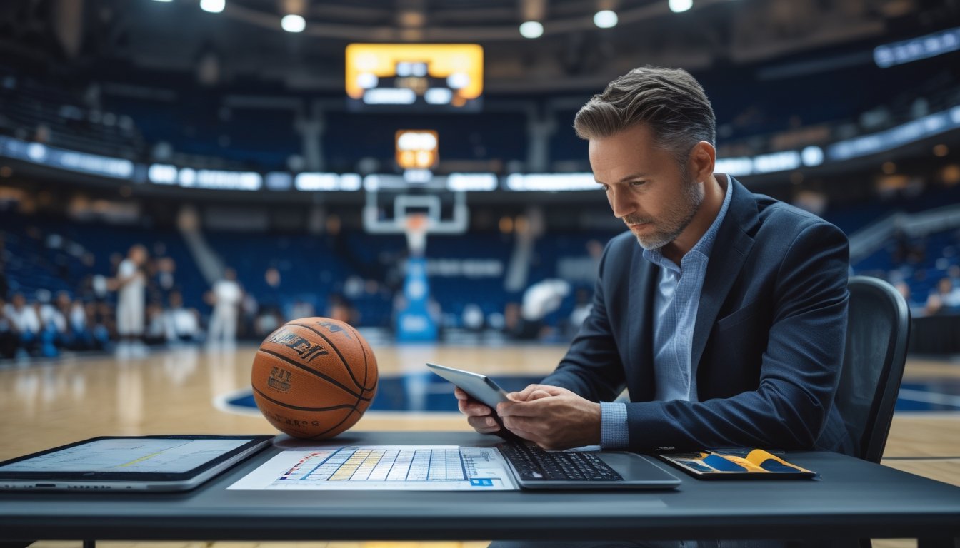 Analis olahraga memeriksa data pertandingan basket di meja kerja dengan arena basket terlihat di latar belakang.