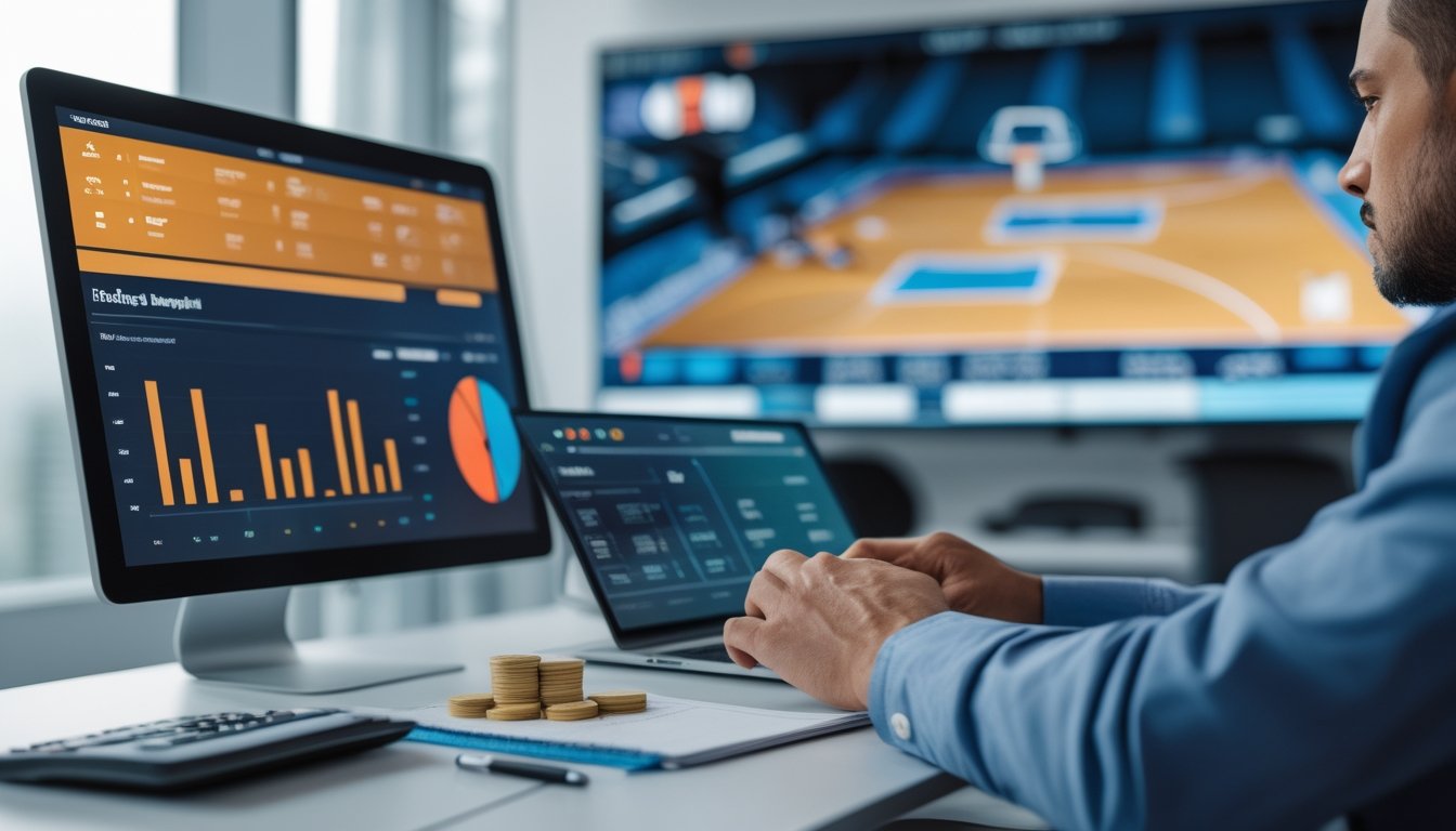 Seorang analis meninjau statistik bola basket dan perencanaan anggaran di meja kerja modern.