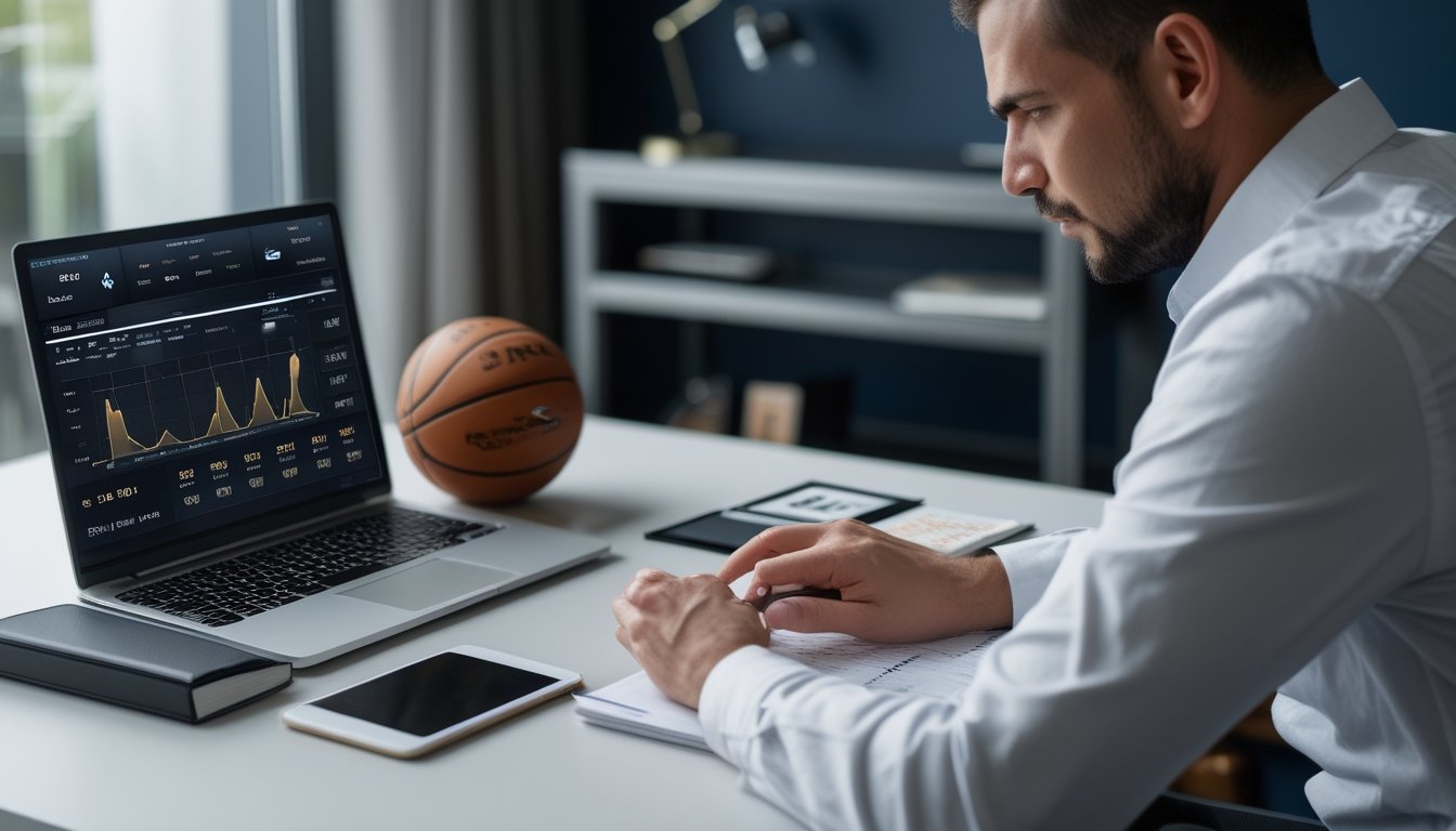 Seorang analis meninjau statistik basket dan perencanaan keuangan di meja kerja dengan bola basket di sampingnya.